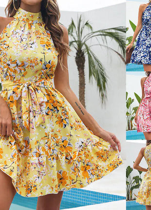 New Flowers Print Halterneck Dress Summer Fashion Temperament Lace-up Ruffled Dresses For Women