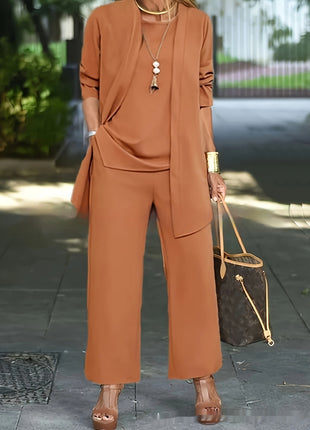 Pure Color Split Round Neck Sleeveless Vest Top Long Sleeve Cardigan Jacket Wide Leg Pants Suit