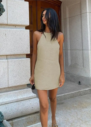 Cotton And Linen Backless Mini Dress