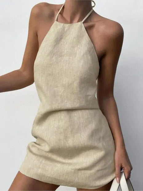 Cotton And Linen Backless Mini Dress