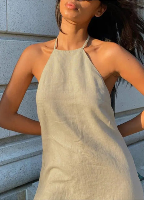 Cotton And Linen Backless Mini Dress