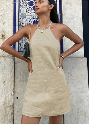 Cotton And Linen Backless Mini Dress