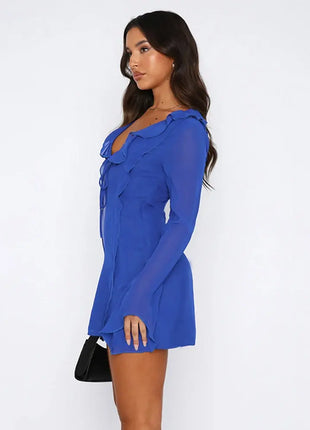 InstLike-Hollow Out Flare Sleeve Mini Dress