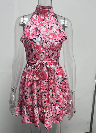 New Flowers Print Halterneck Dress Summer Fashion Temperament Lace-up Ruffled Dresses For Women