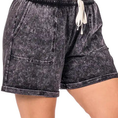 PLUS SIZE Mineral Wash Drawstring Cuffed Shorts - 01 big store