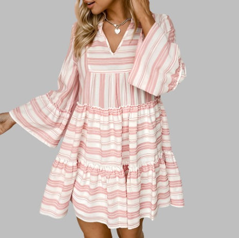 Printed V-neck Flared Long-sleeved Patchwork Casual Full-length Dress - 01 big store