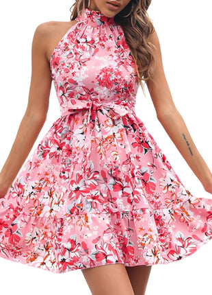 New Flowers Print Halterneck Dress Summer Fashion Temperament Lace-up Ruffled Dresses For Women - 01 big store