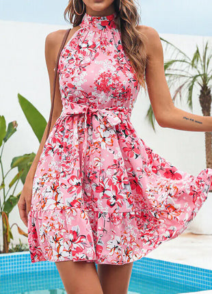 New Flowers Print Halterneck Dress Summer Fashion Temperament Lace-up Ruffled Dresses For Women